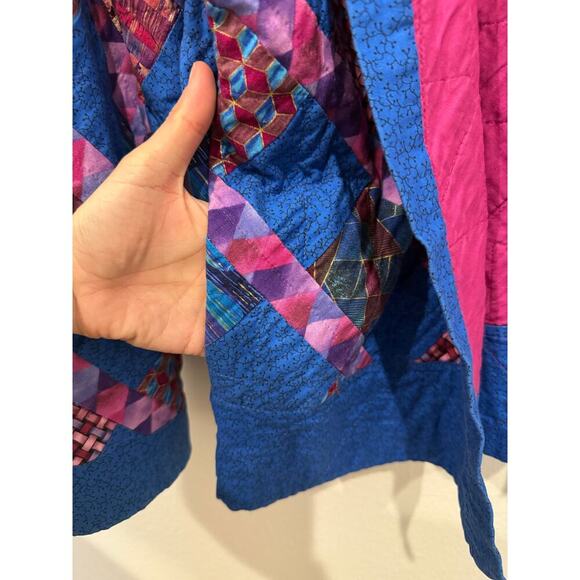 Handmade Quilted Jacket with Pockets Blue Pink L/XL Grannycore Cottagecore - Picture 6 of 8